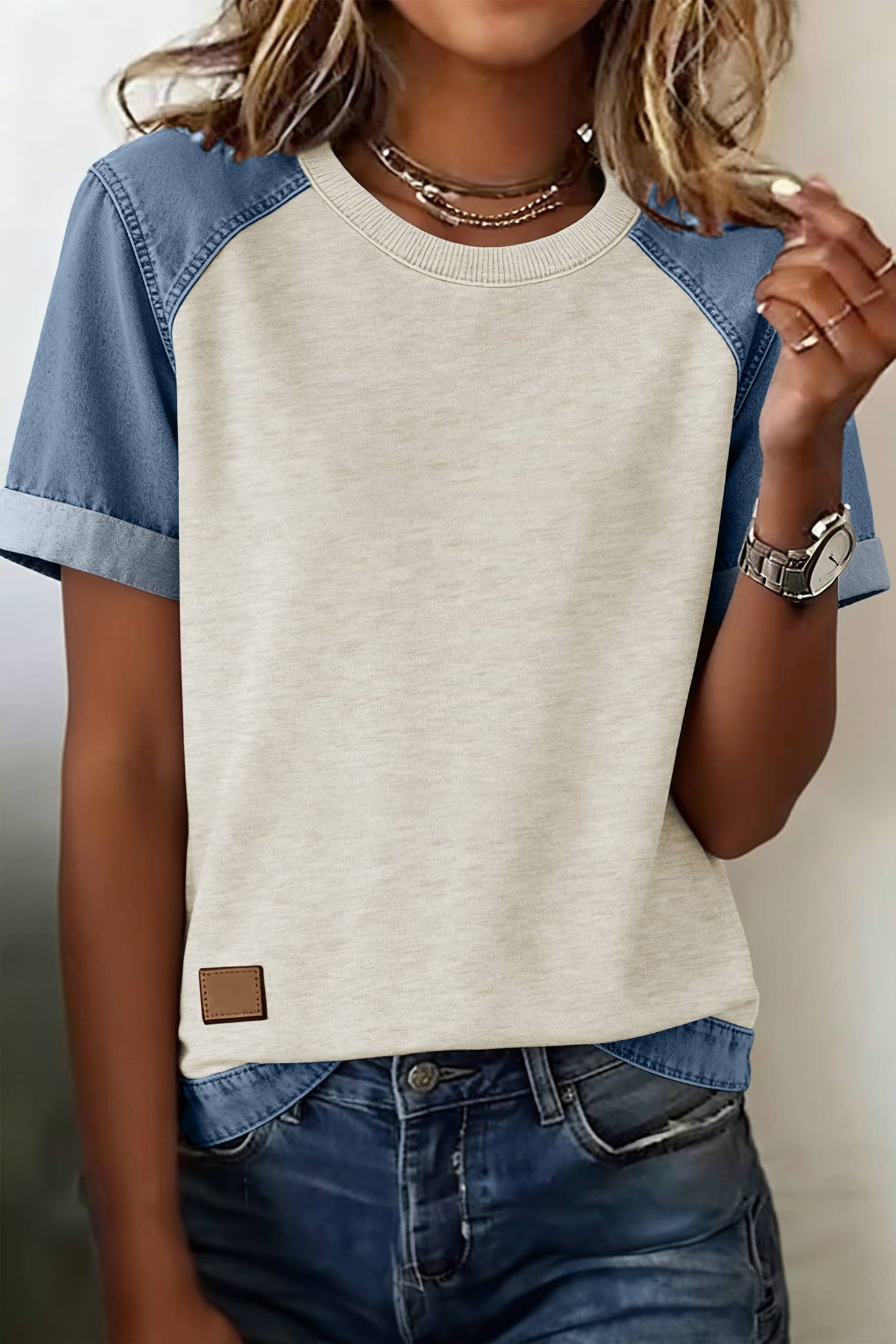 Spring 2026 Denim Color Block Patchwork Round Neck Tee