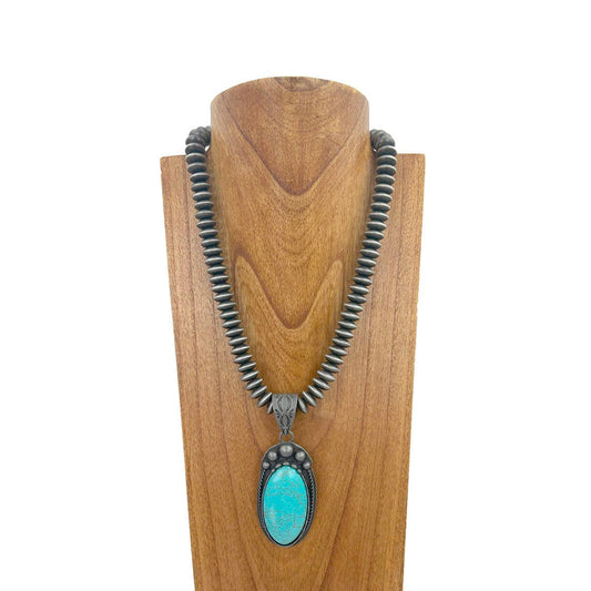 21 inches silver Navajo pearl beads strings with blue turquoise oval stone pendent Necklace