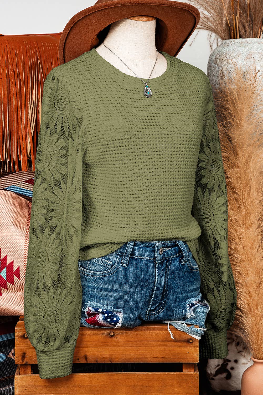 Fashion-W Sunflower Mesh Bubble Sleeve Waffle Knit Top