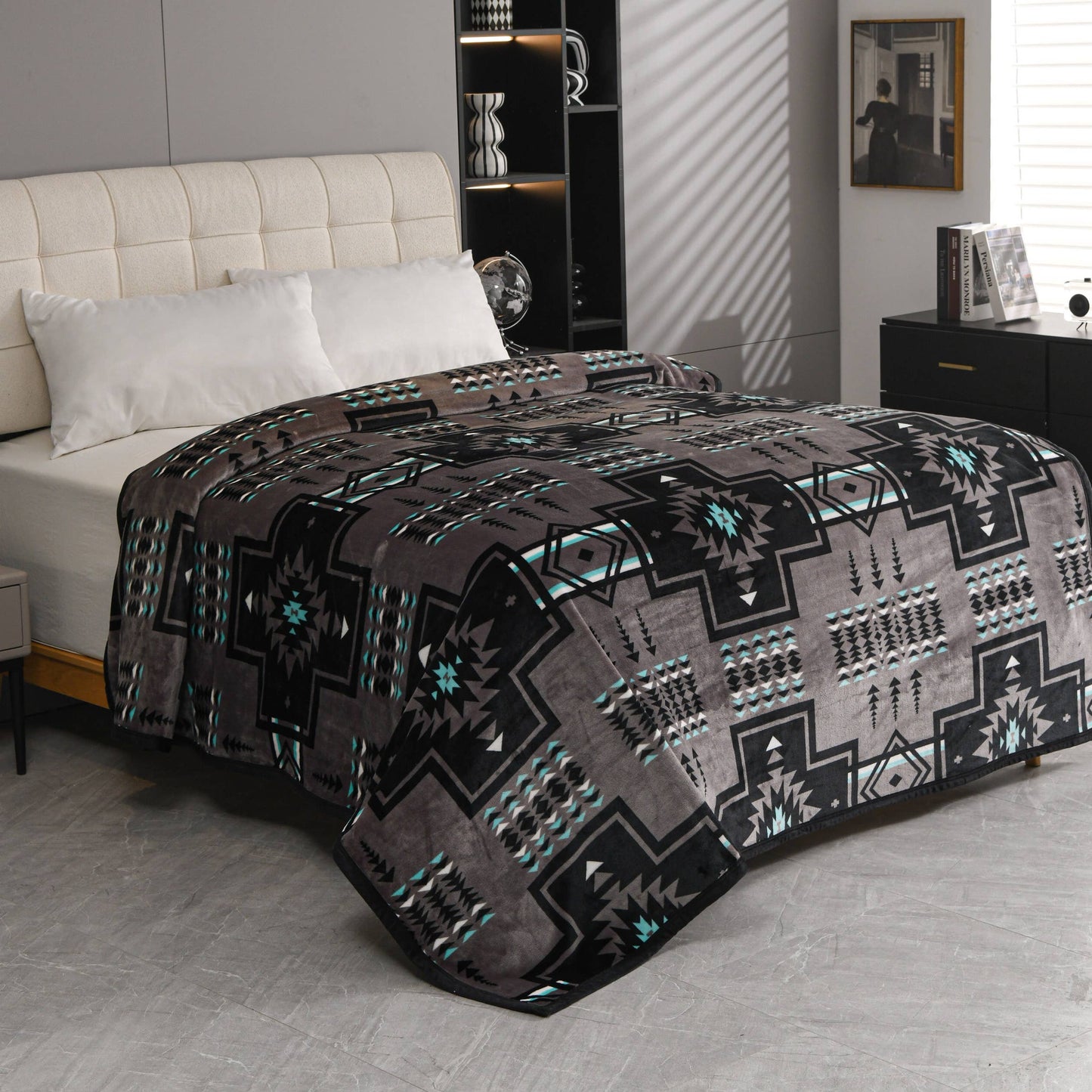 Gray & Teal Southwest Aztec King Size Super Plush Blanket