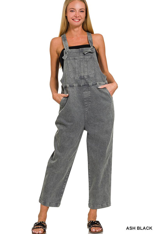 ',._ Washed Knot Strap Relaxed Fit Denim Overalls