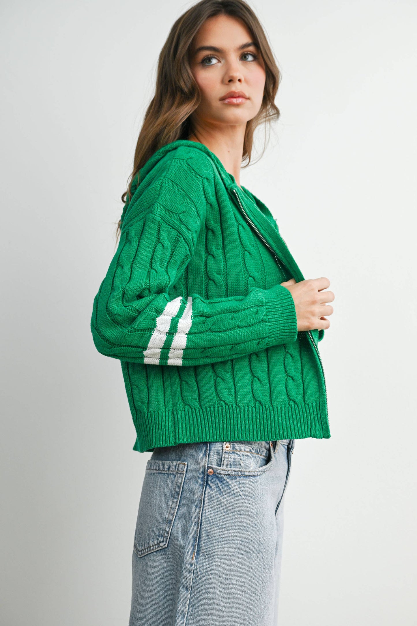 Cable Knit Zip-Up Hoodie Cardigan -