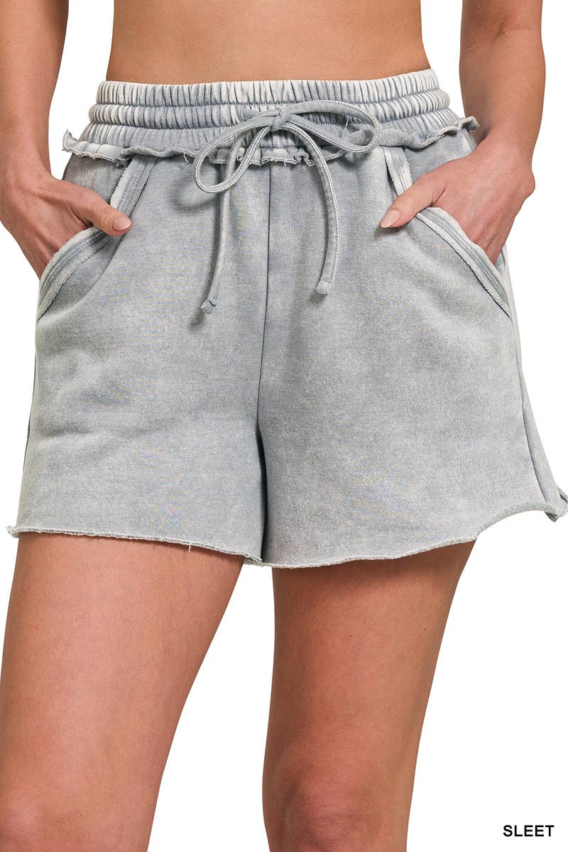 Washed Fleece Drawstring Shorts With Pockets