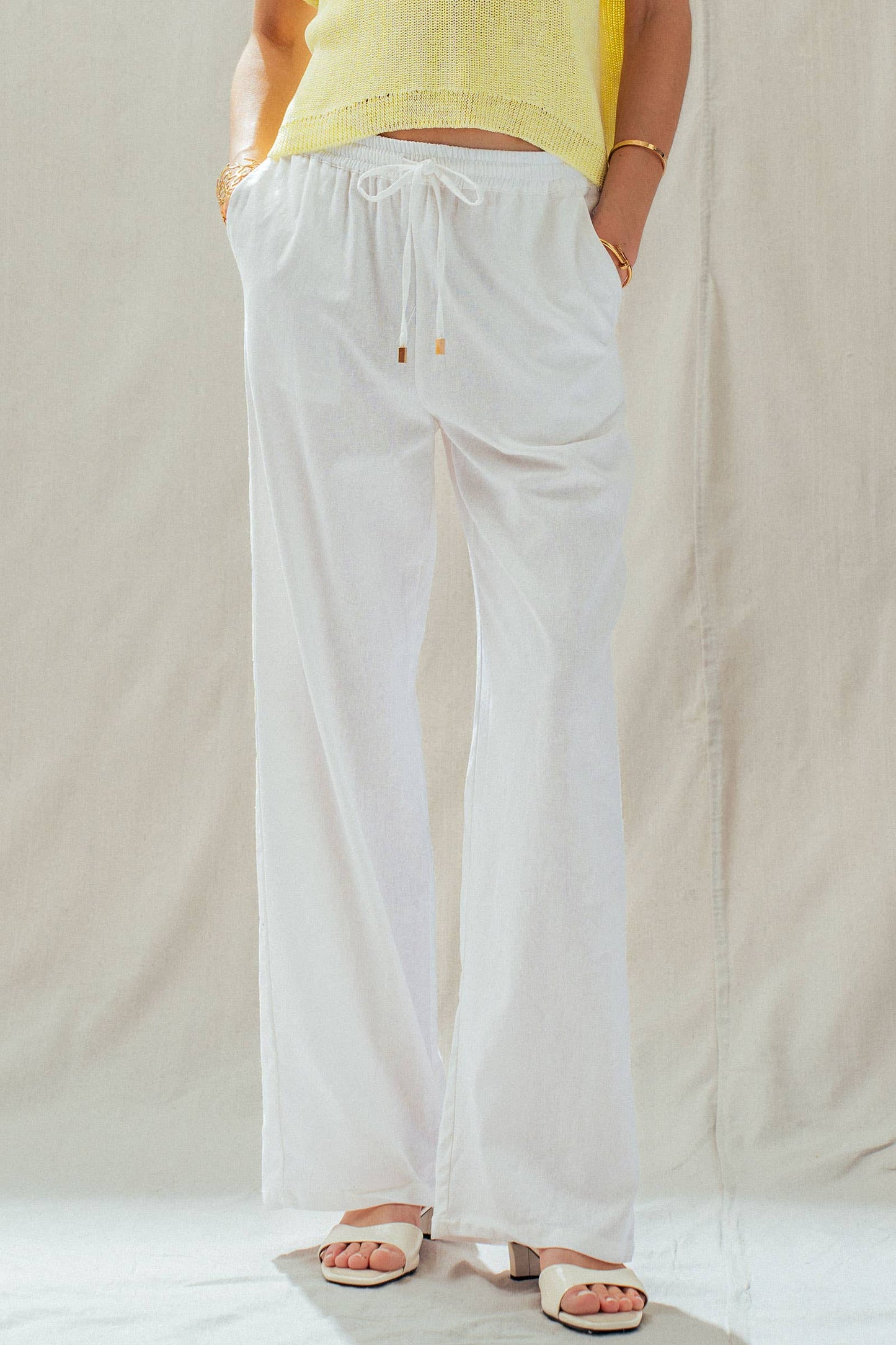 Linen Blend Wide Leg Pants Drawstring Waist
