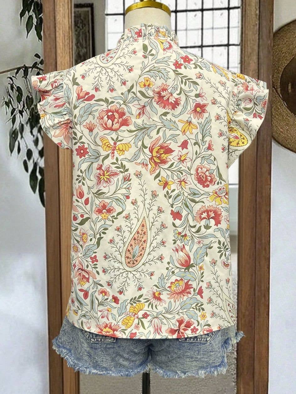 Retro Floral Print Ruffle Flutter Sleeve Blouse Casual Shirt