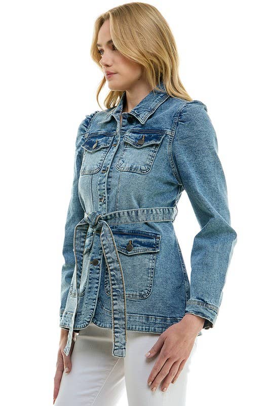 Stretch Solid Ladies Casual Denim Jacket with Belt