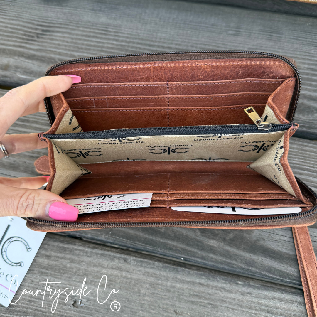 Stockdale Brown Checkered Cowhide Womens Wallet Wristlet