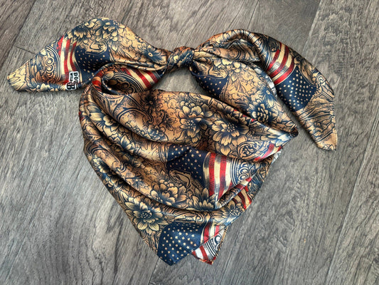 Wild Rag 100% Silk Patriotic Vintage Floral with American Flag Cowboy Western Neck Scarf Bandanna by Double B Wild Rags
