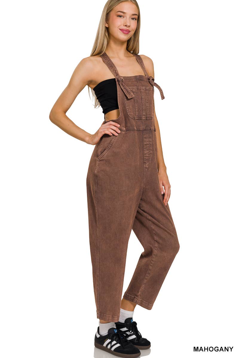 ',._ Washed Knot Strap Relaxed Fit Denim Overalls
