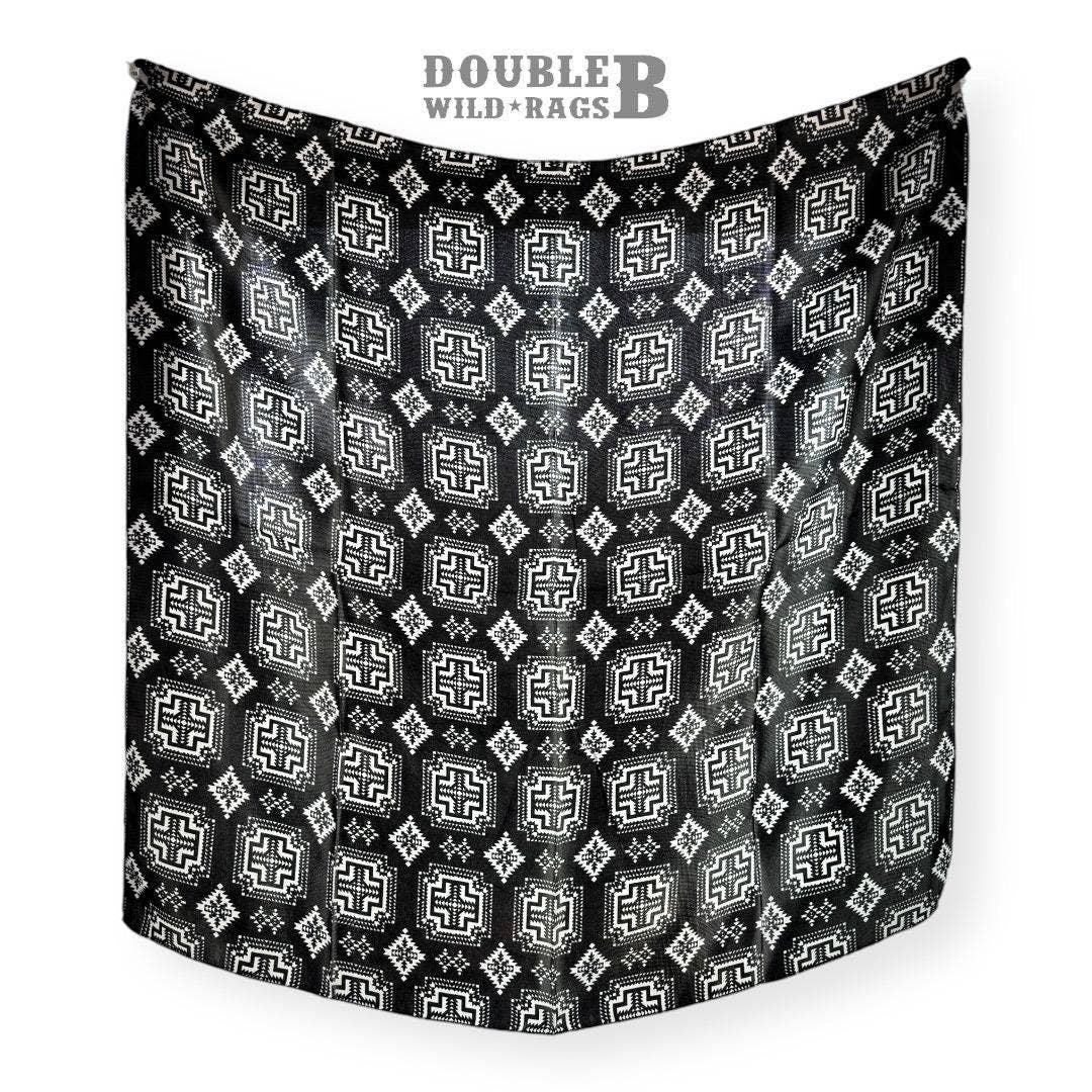 100% Silk Wild Rag Black and White Native tribal inspired neck scarf by Double B Wild Rags