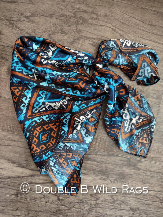 WILD RAG Tribal Aztec Turquoise, Rust Orange, White Western Cowboy Neck Scarf Bandana by Double B Wild Rags
