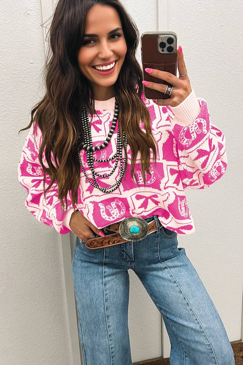 Brown Bows & Horseshoes Pattern Western Fashion Print Sweater