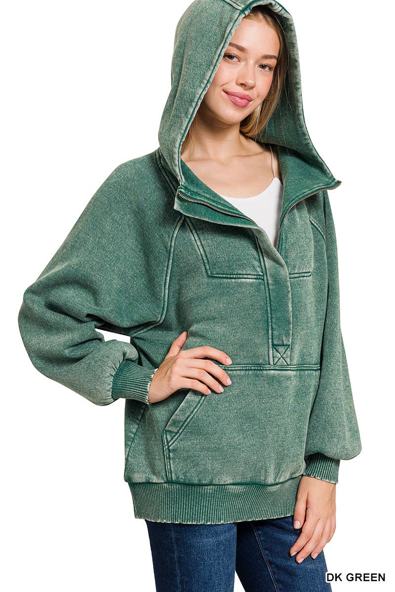 .SI-25317 Washed Fleece Oversized 1/4 Zip Hoodie