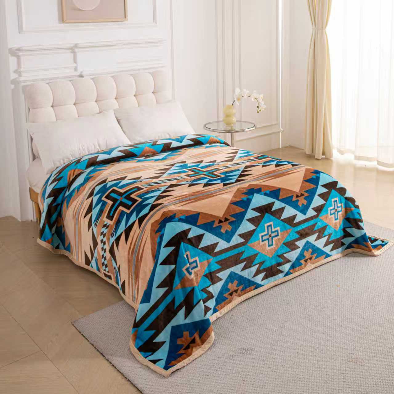 Tan & Blue Southwest Aztec King Size Super Plush Blanket