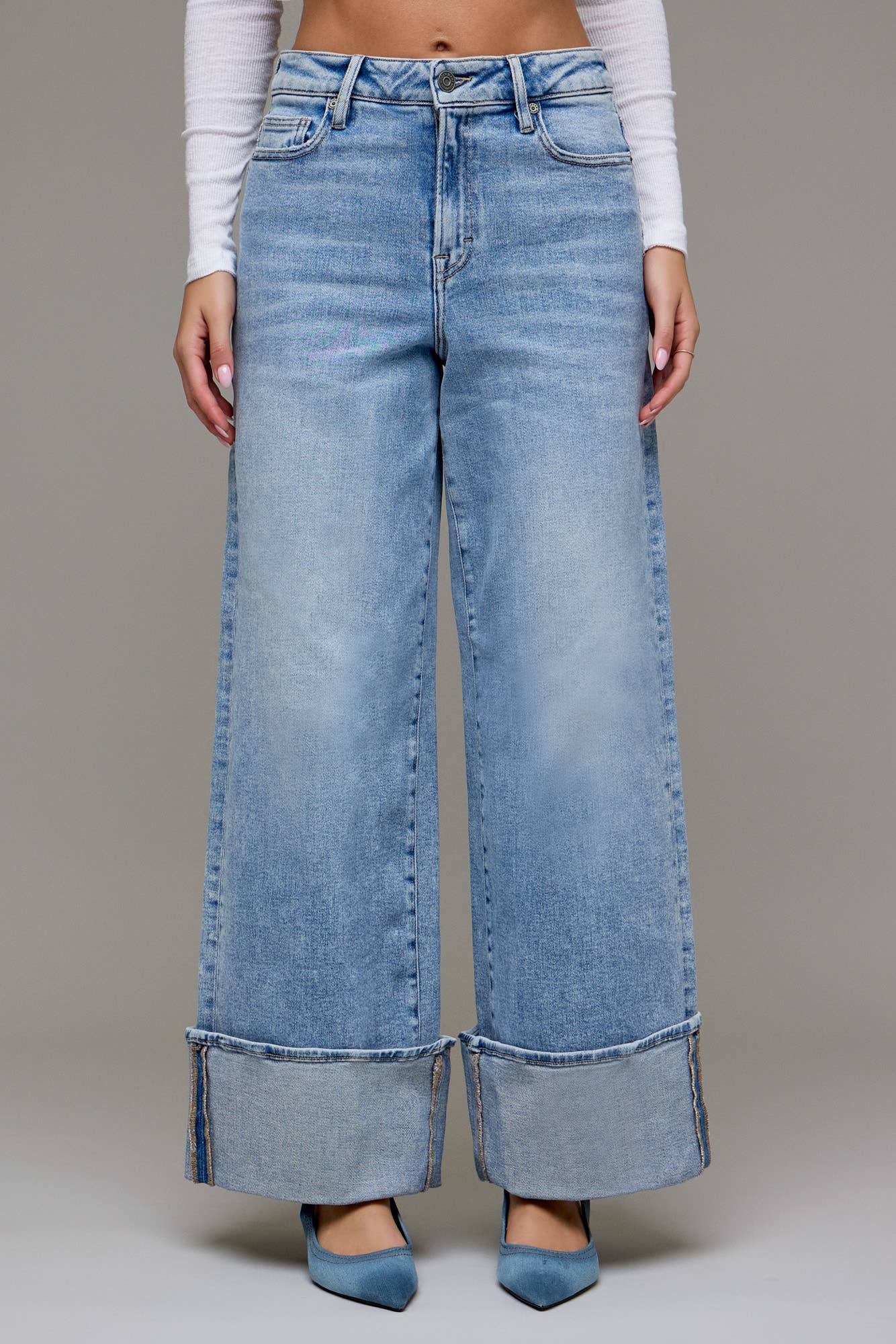 NORI Medium Light High Rise Cuffed Super Wide Leg