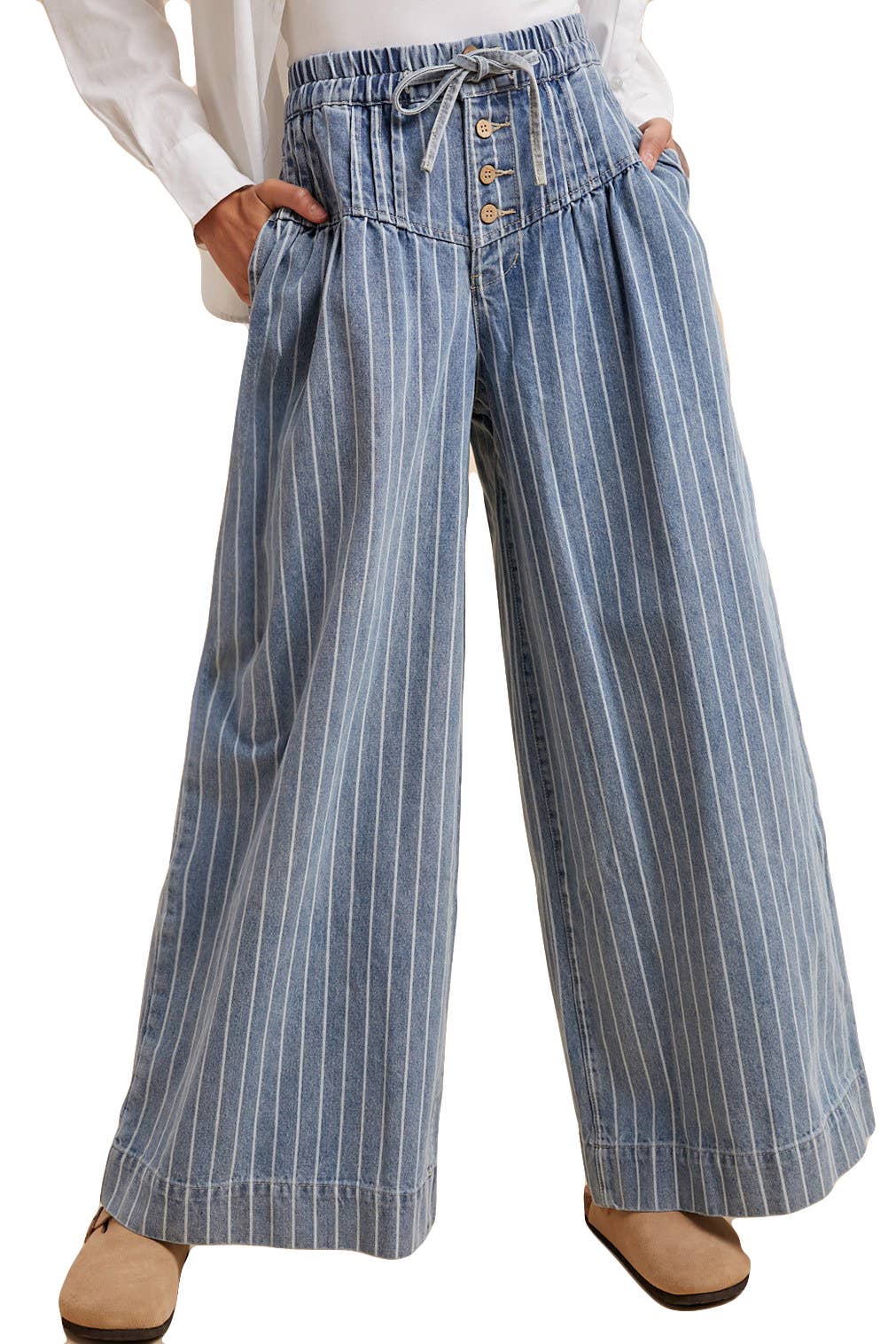 Striped Denim Pin Tuck Detail Wide Leg Pants