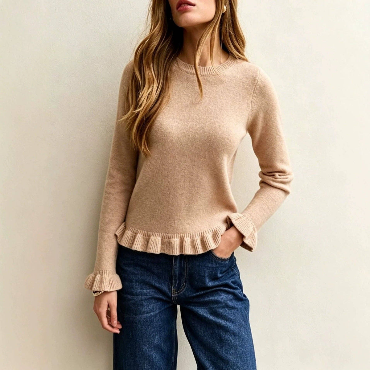 Ruffle Hem Crew Neck Long Sleeve Knit Sweater
