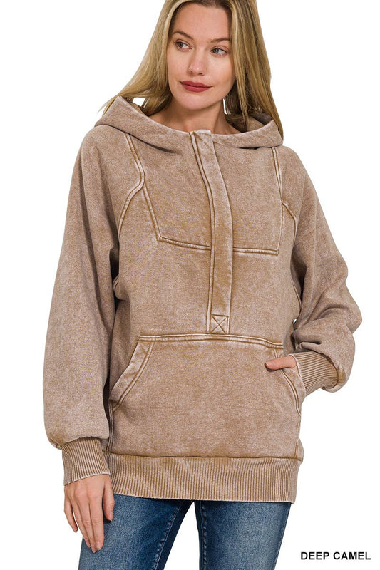 .SI-25317 Washed Fleece Oversized 1/4 Zip Hoodie