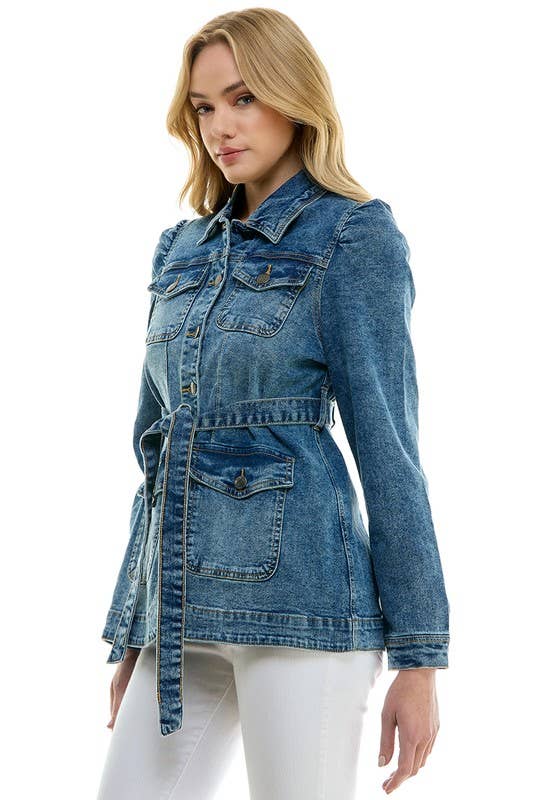 Stretch Solid Ladies Casual Denim Jacket with Belt