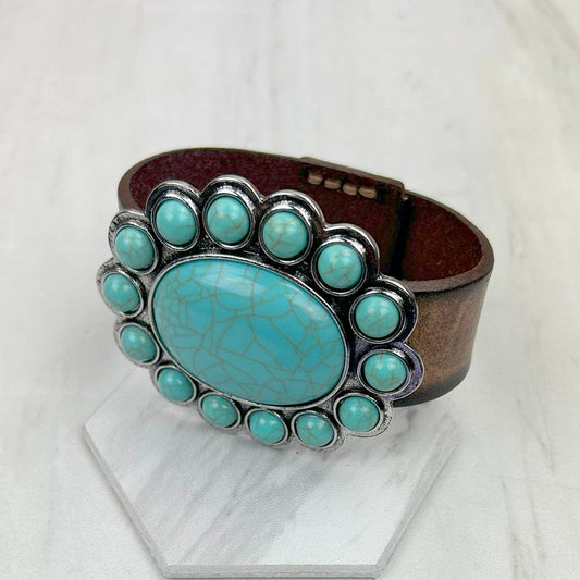 Brown leather with large blue turquoise stone oval concho bracelet