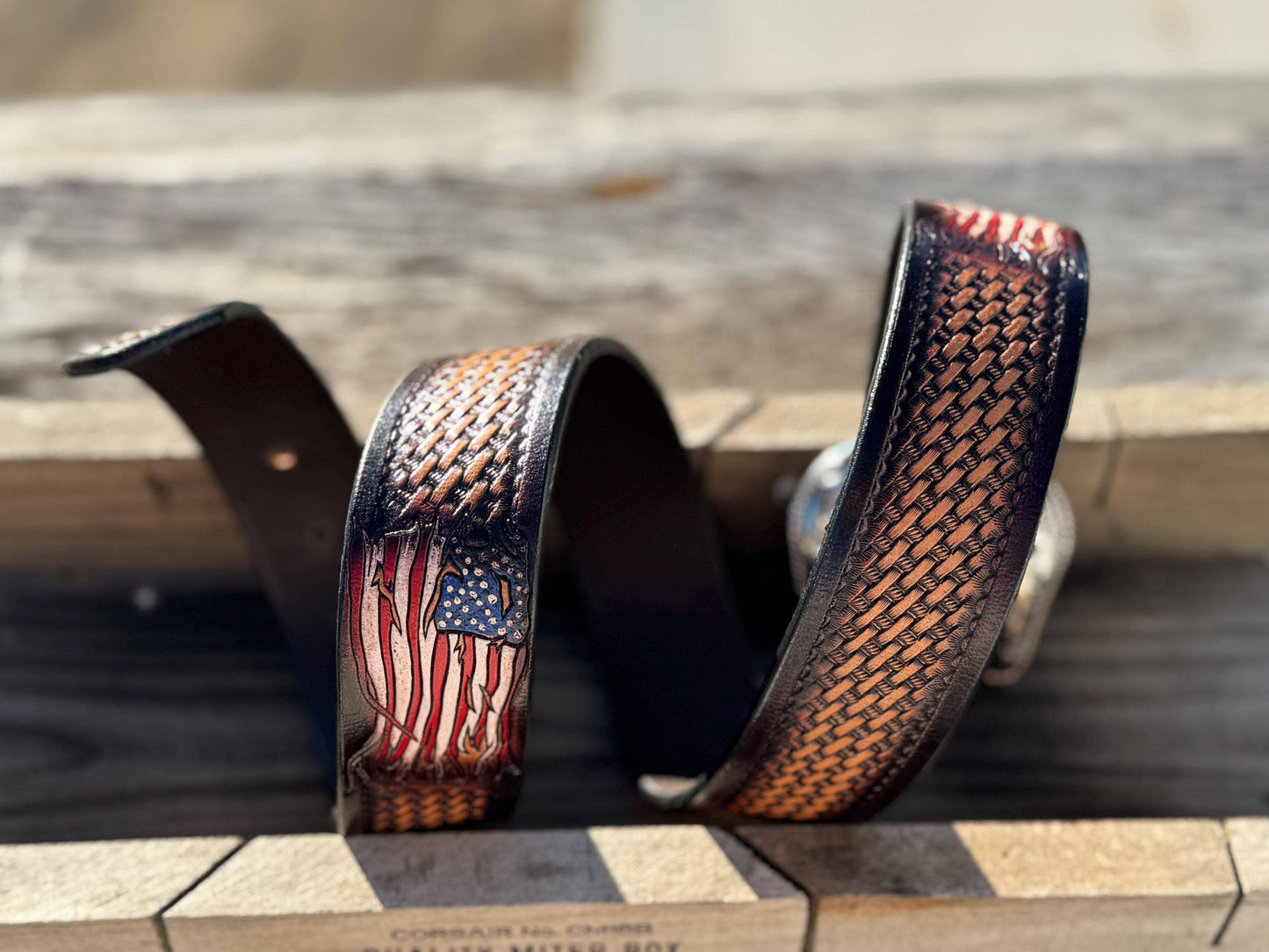 Genuine Leather Western Belt with tooled American Flag details by Double B Wild Rags