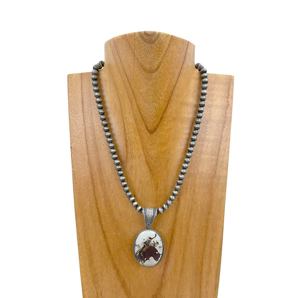 NKZ231209-27         15 inches silver Navajo pearl beads with oval cowboy pendent Necklace