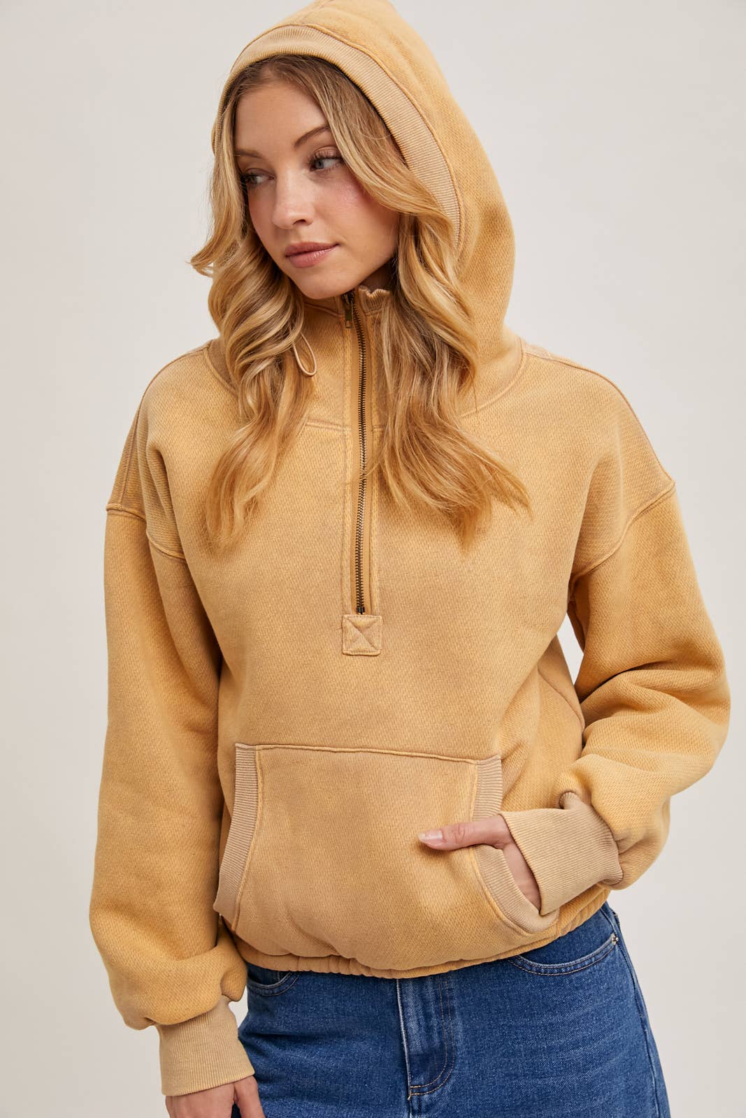HALF ZIPPER FRONT HOODIE SWEATSHIRT WITH INNER FLEECE