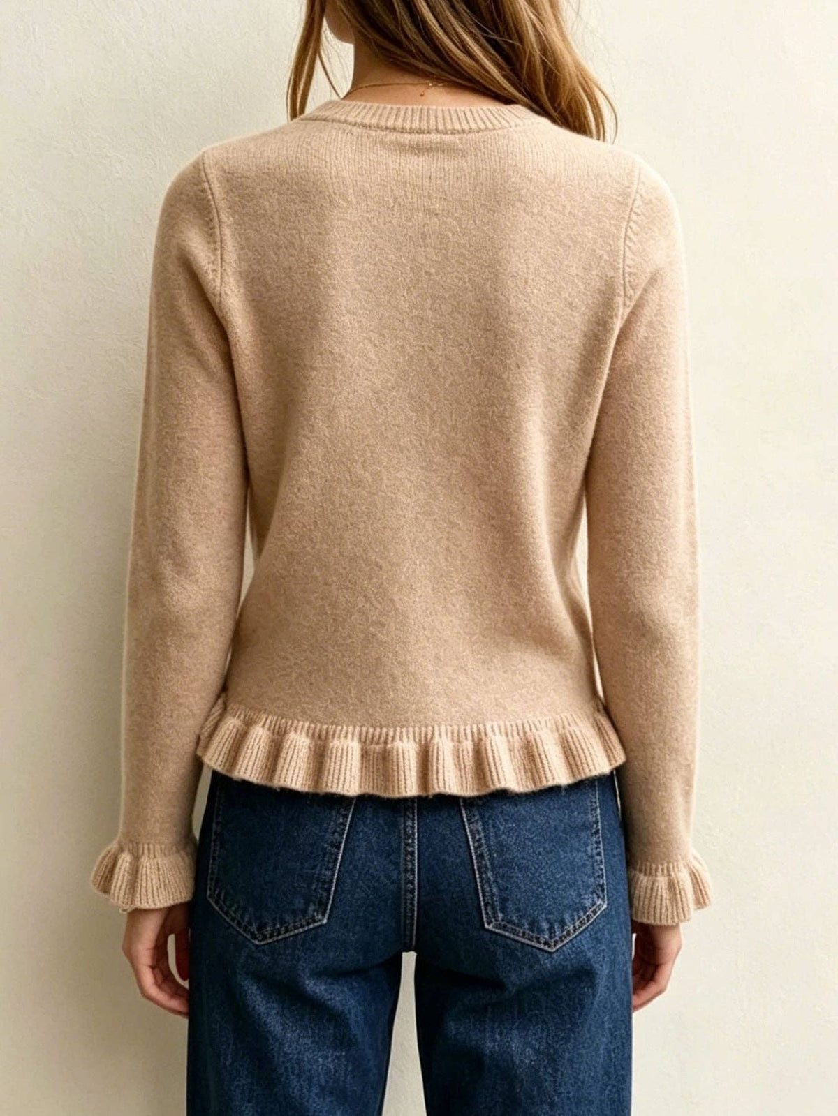 Ruffle Hem Crew Neck Long Sleeve Knit Sweater