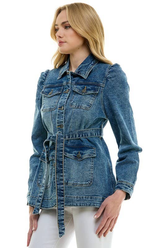 Stretch Solid Ladies Casual Denim Jacket with Belt