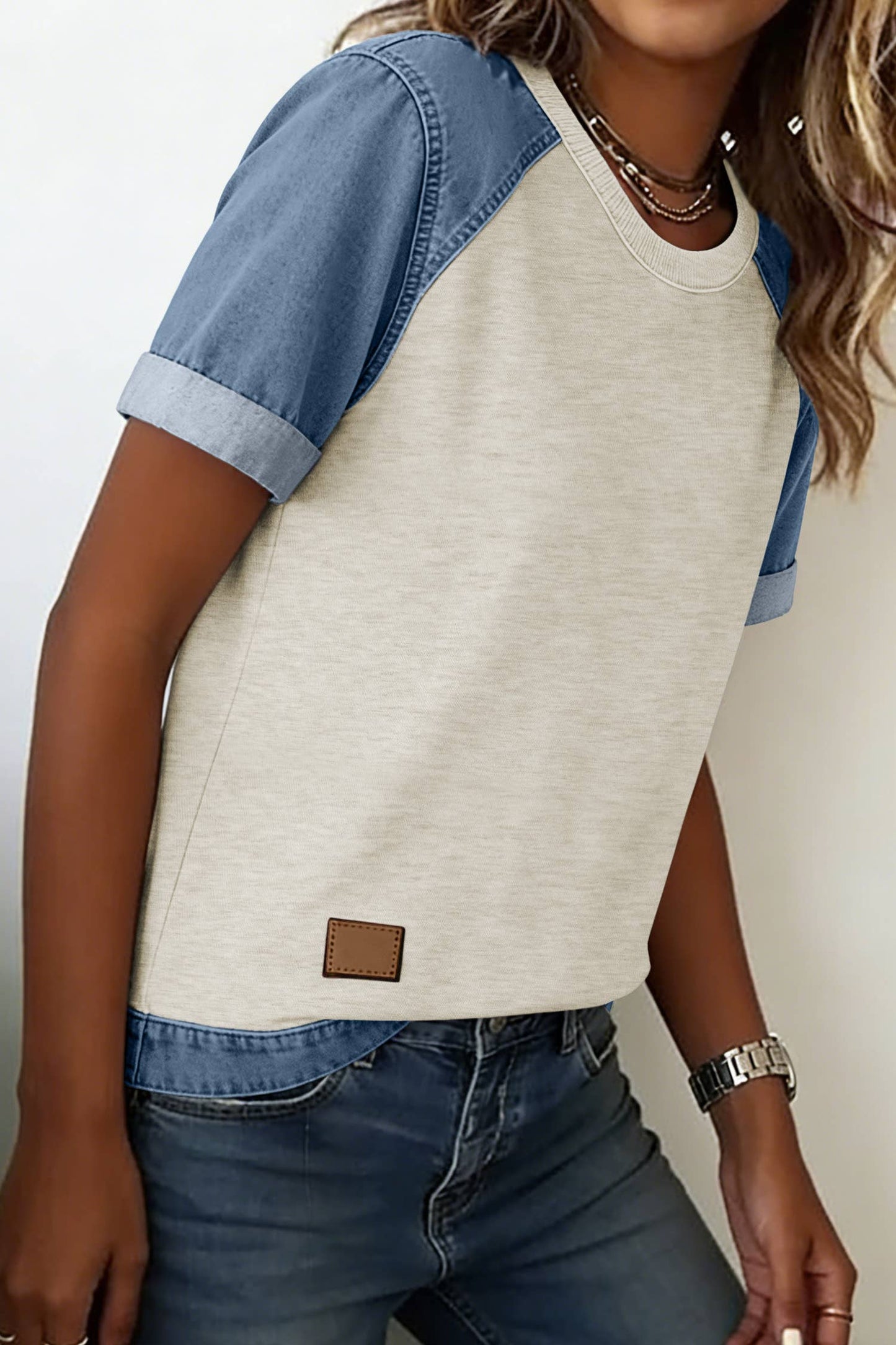 Spring 2026 Denim Color Block Patchwork Round Neck Tee