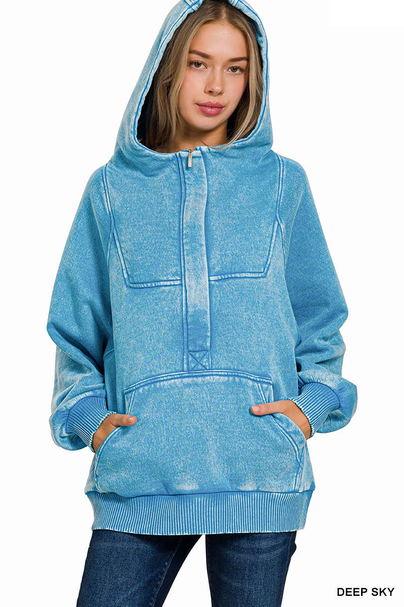 .SI-25317 Washed Fleece Oversized 1/4 Zip Hoodie