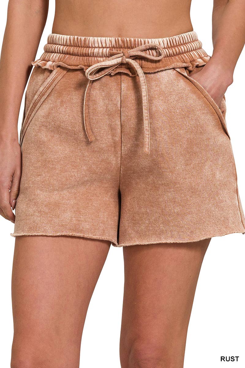 Washed Fleece Drawstring Shorts With Pockets