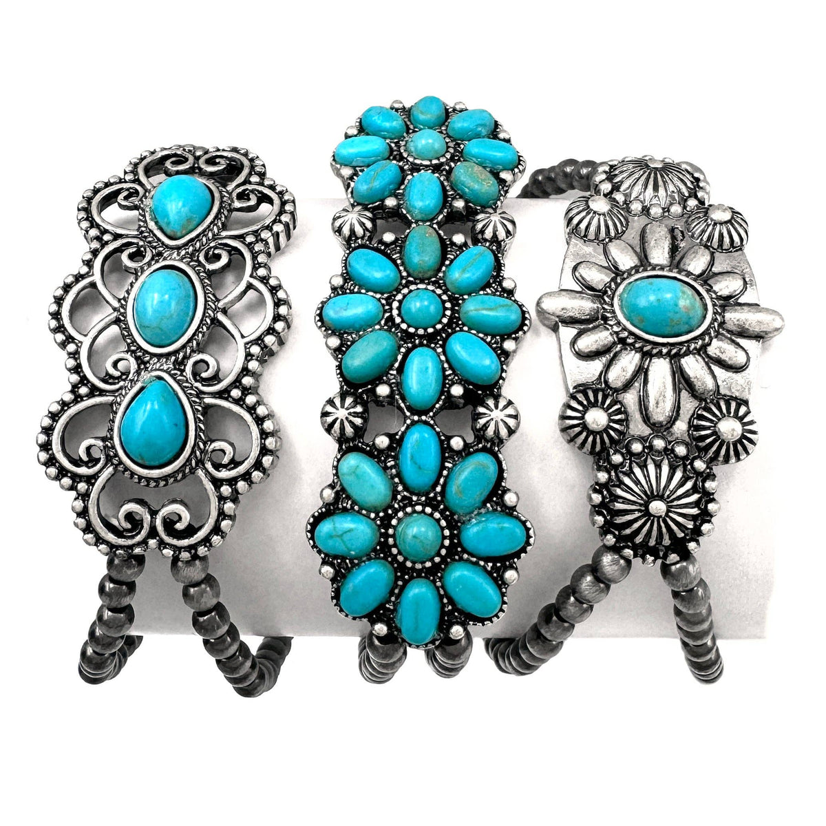 Western Turquoise Cabochon Flower 3 Piece Stretch Bracelet