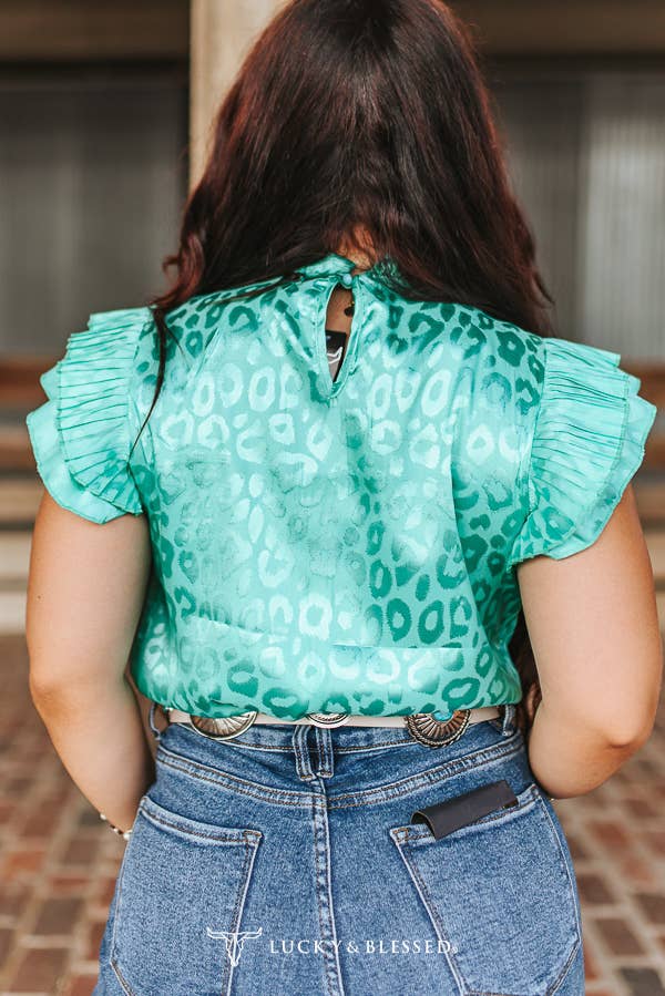 Turquoise Leopard Satin Pleated Ruffle Sleeveless Top