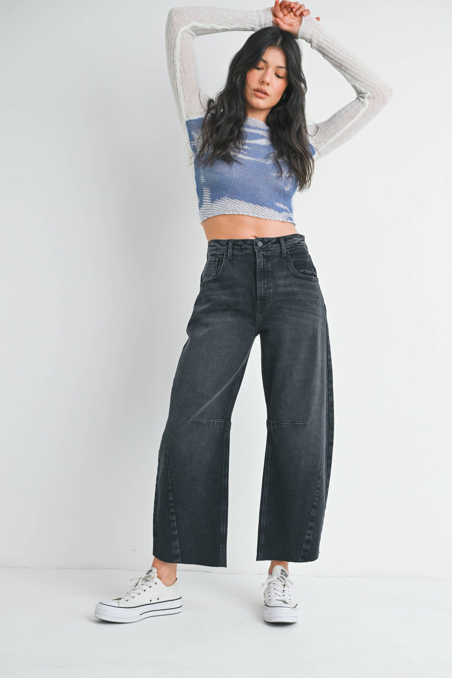 Raw Hem Barrel Jean w/ Seams - WASHED BLACK - BP473J