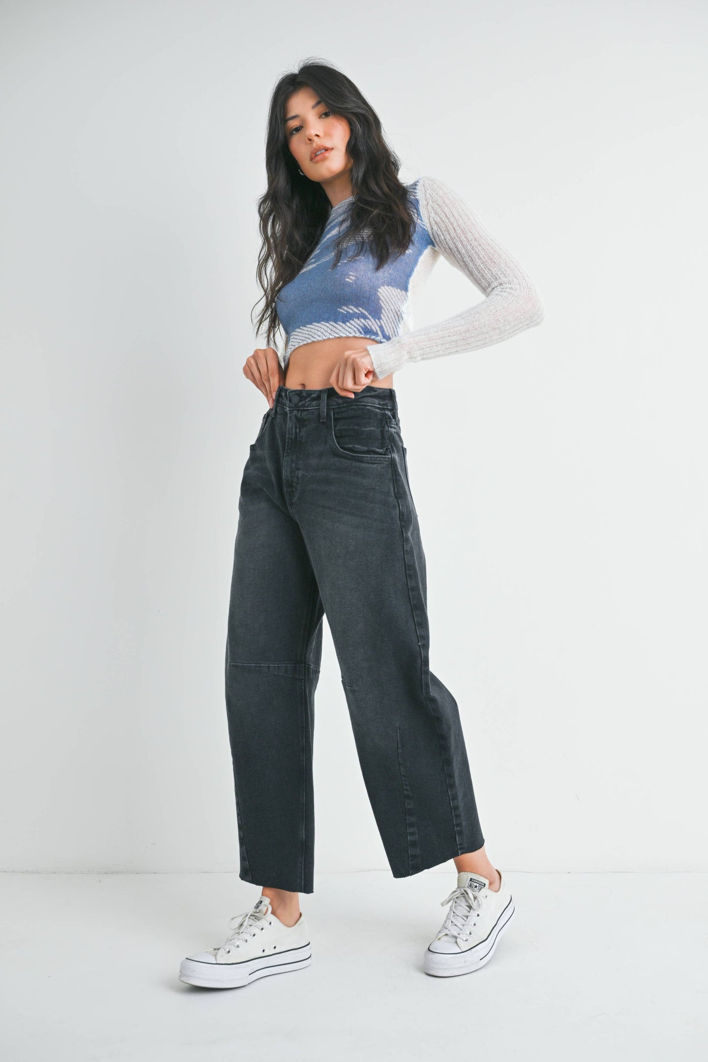 Raw Hem Barrel Jean w/ Seams - WASHED BLACK - BP473J