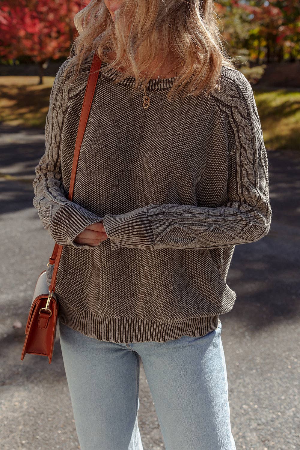 Ashleigh Blue Contrast Cable Knit Sleeve Casual Sweater