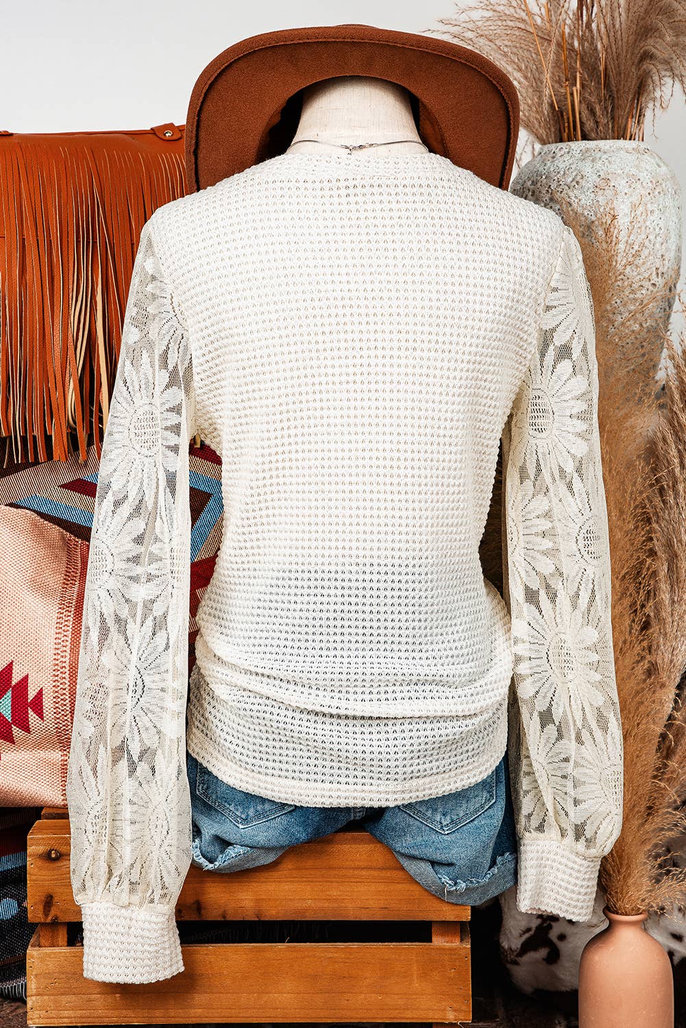 Fashion-W Sunflower Mesh Bubble Sleeve Waffle Knit Top