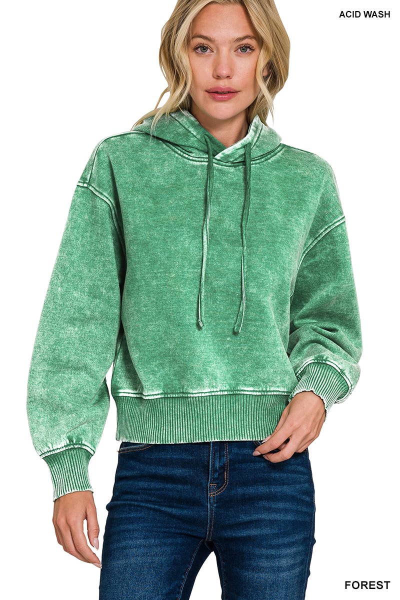 ...._ SI-25094 Acid Wash Fleece Cropped Hoodie