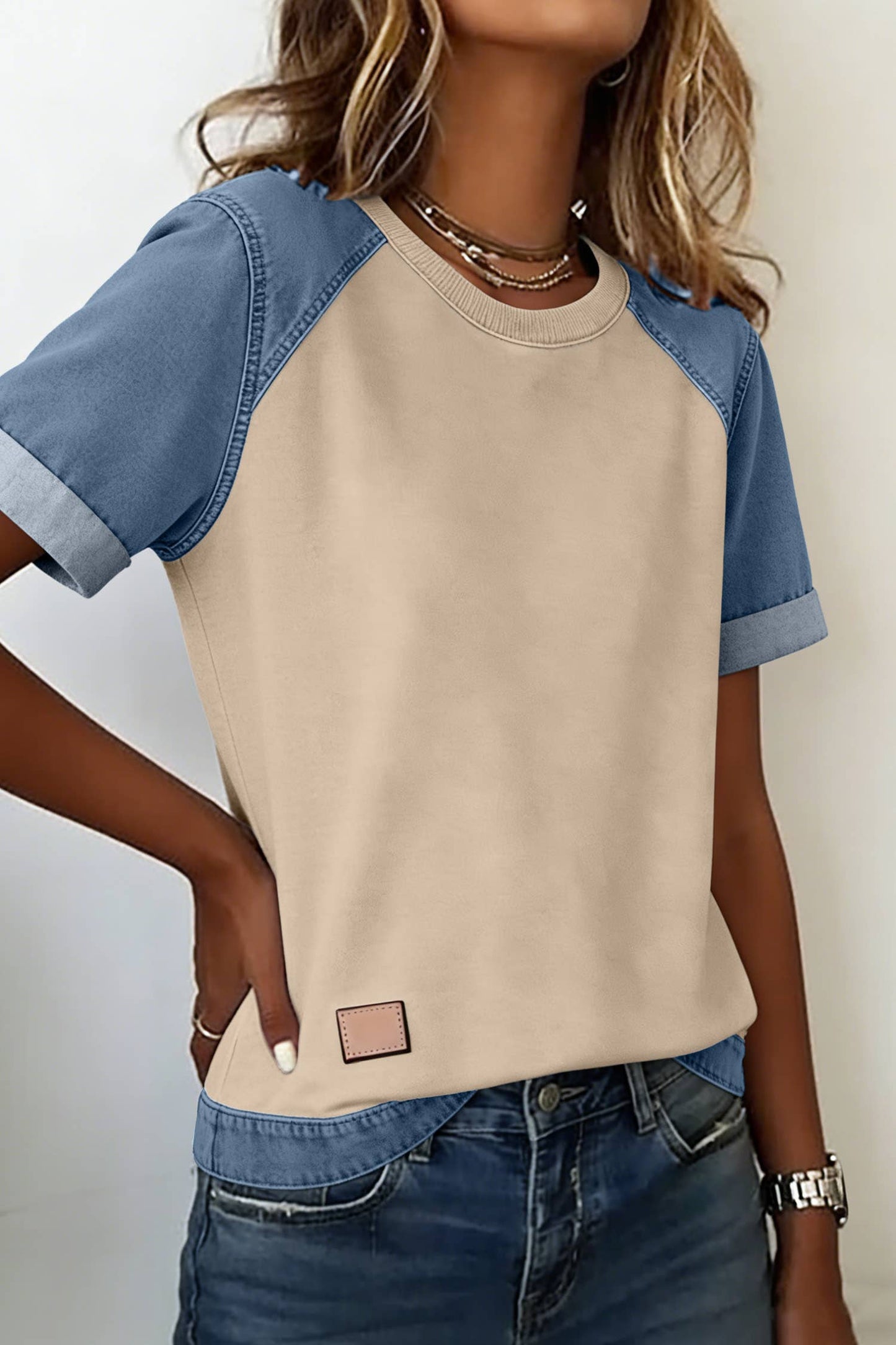Spring 2026 Denim Color Block Patchwork Round Neck Tee