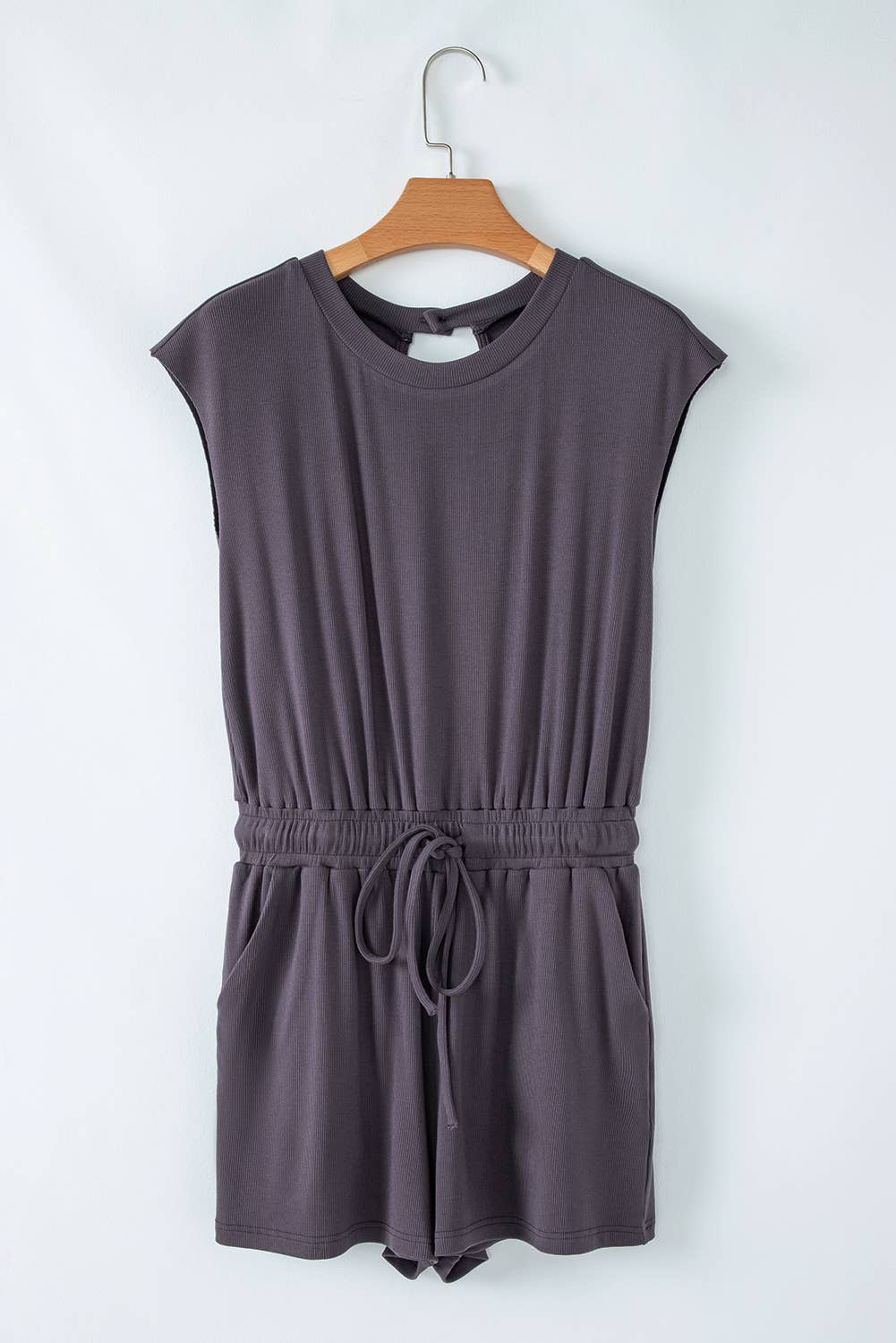 Open Back Cap Sleeve Drawstring Knit Romper | S-XL