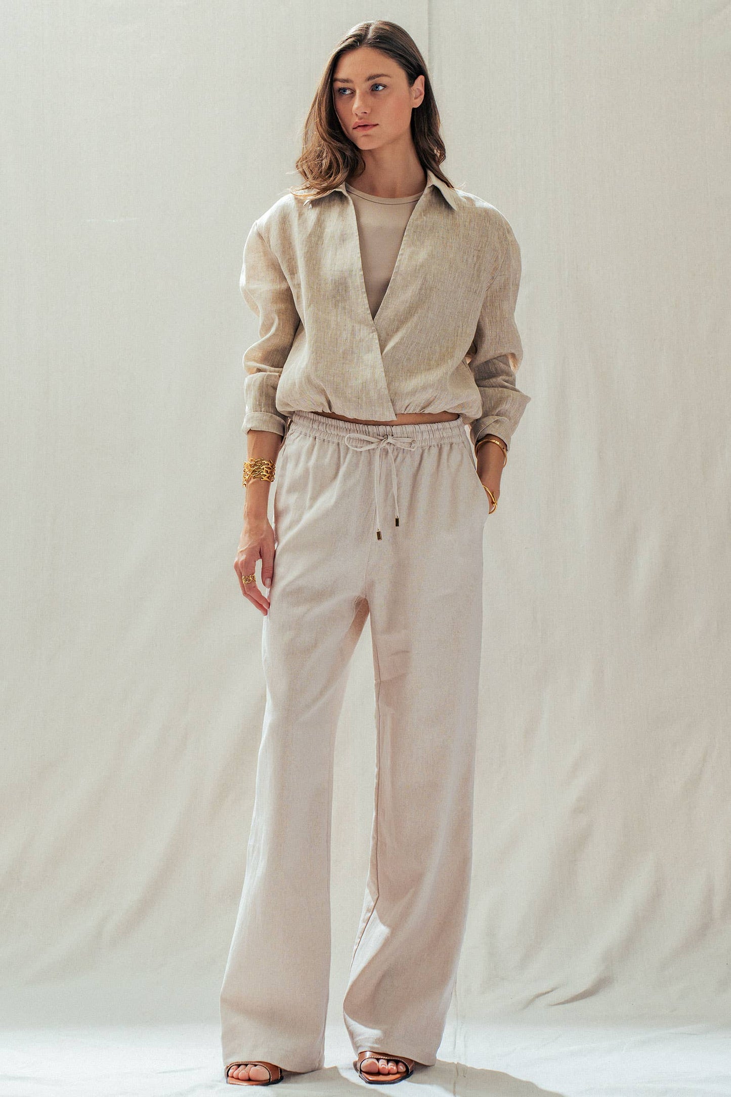 Linen Blend Wide Leg Pants Drawstring Waist