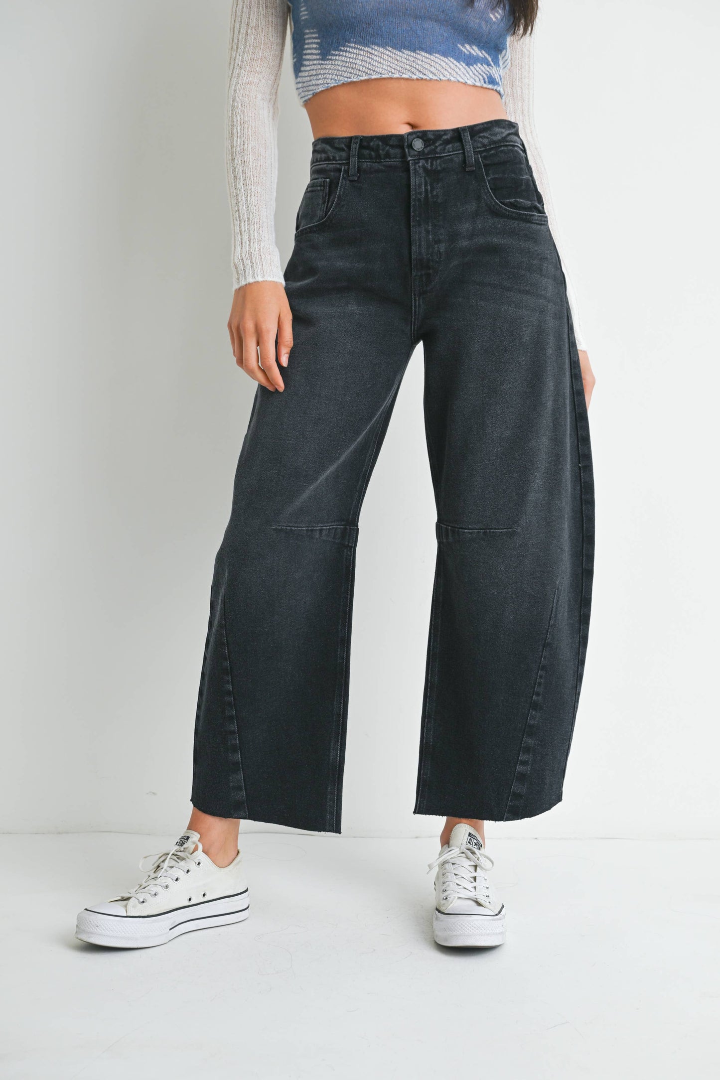 Raw Hem Barrel Jean w/ Seams - WASHED BLACK - BP473J