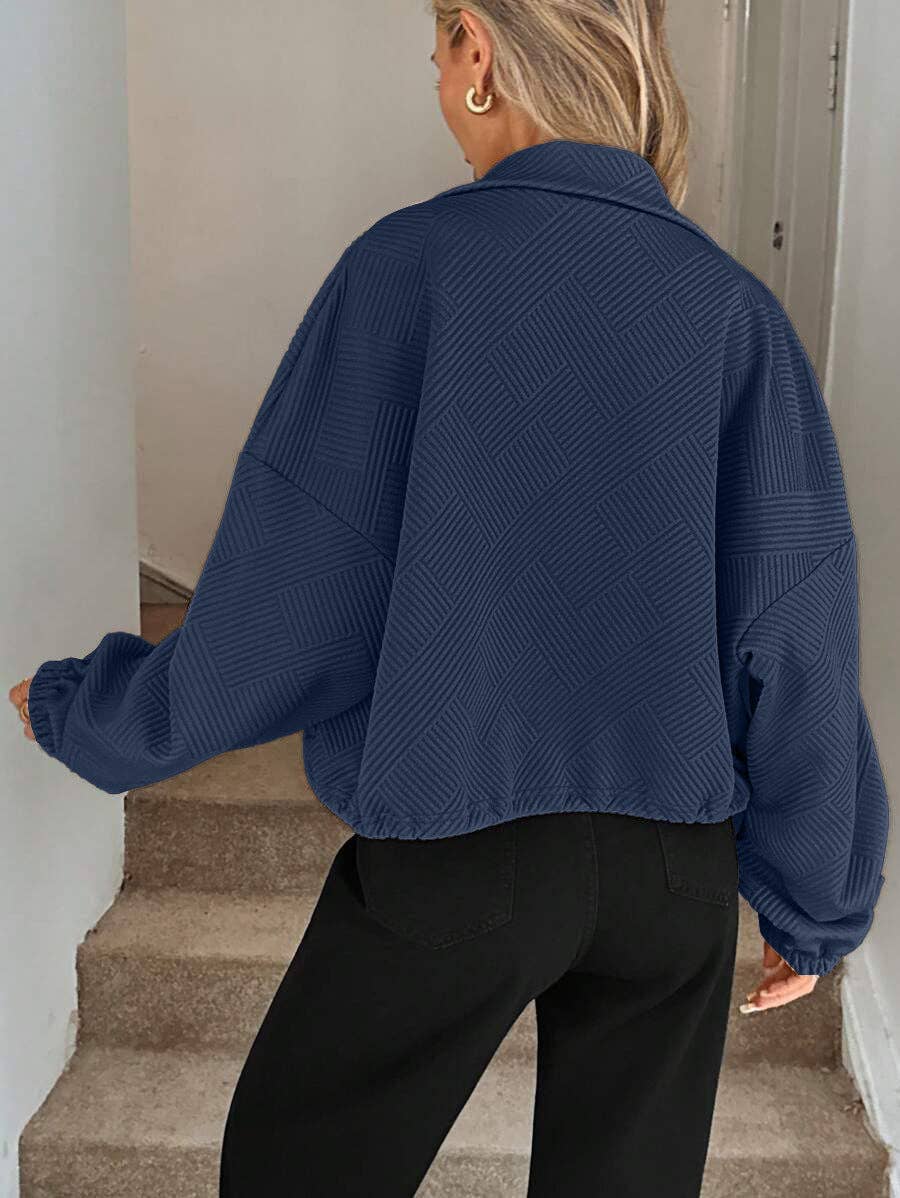 Textured Polyester Jacket Casual Bomber Oversized Zip Up