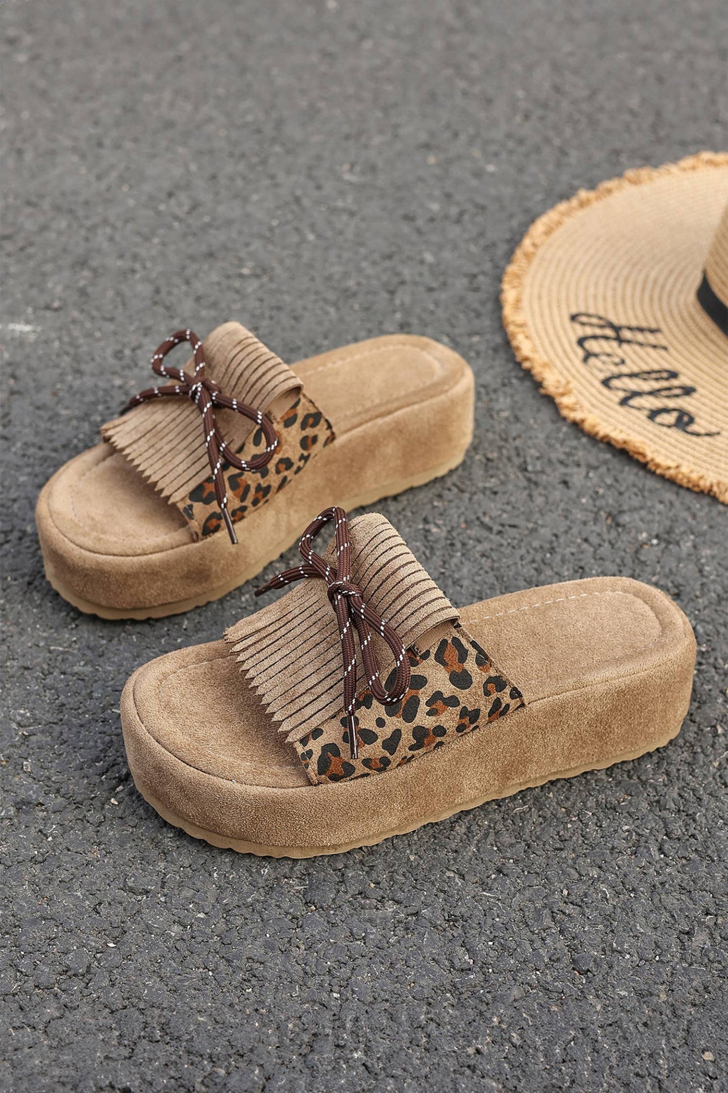 Leopard Faux Suede Lace-up Detail Platform Slippers | US6-10