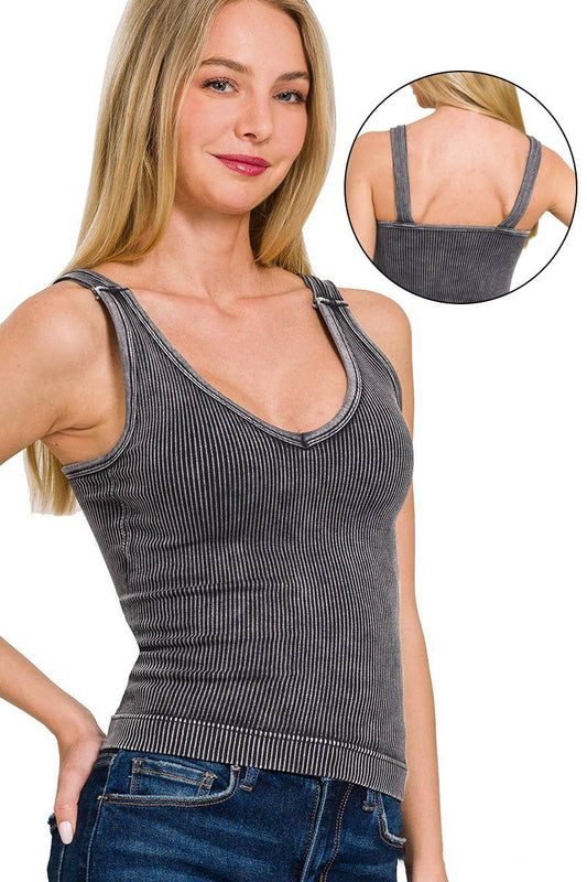 0622 Stone Washed Ribbed Tank Top W/ Bra Pad SI-26016
