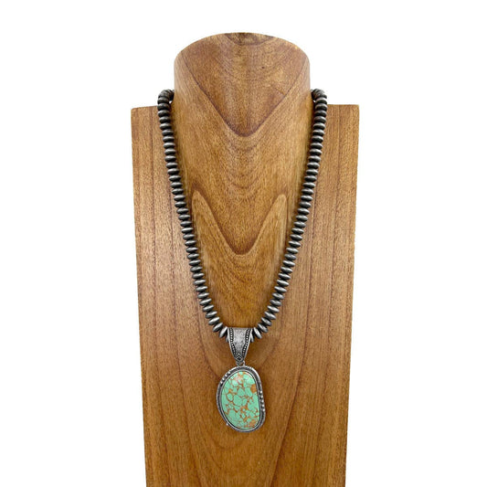 NKS230529-01-GREEN     "21 inches silver roundel Navajo pearl bead with  green stone pendent Necklace"