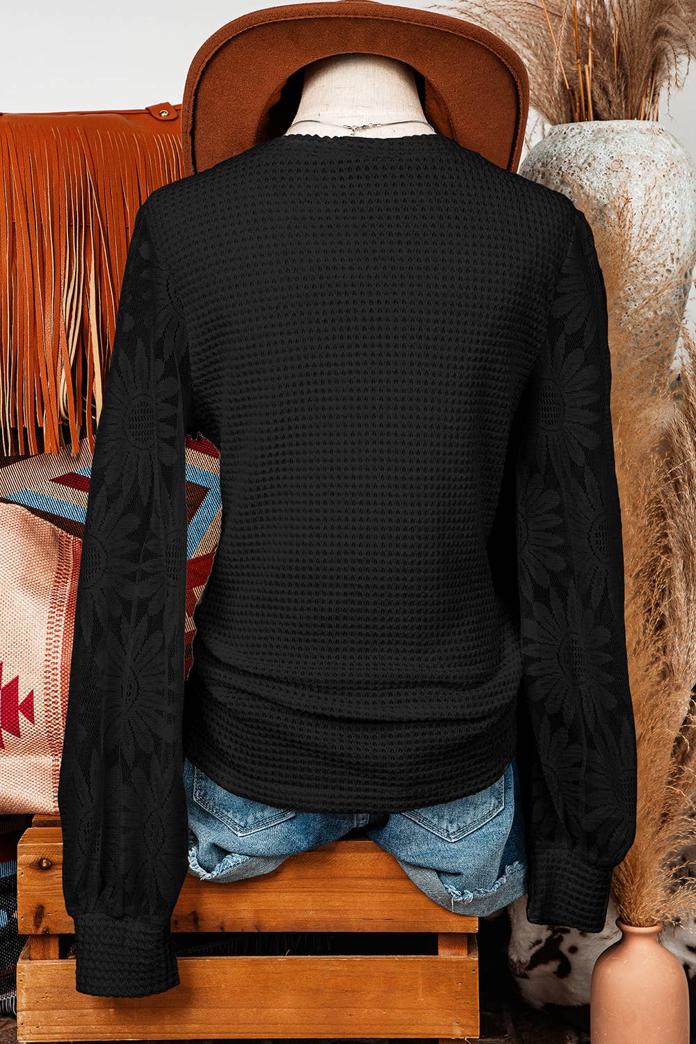 Fashion-W Sunflower Mesh Bubble Sleeve Waffle Knit Top