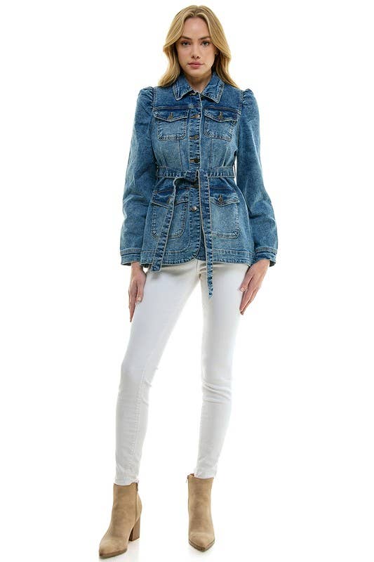 Stretch Solid Ladies Casual Denim Jacket with Belt