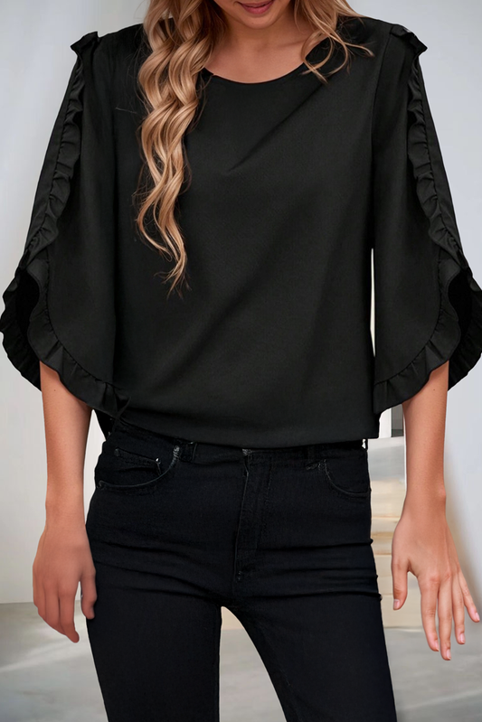 Frill Trim Plain Tulip Sleeve Blouse